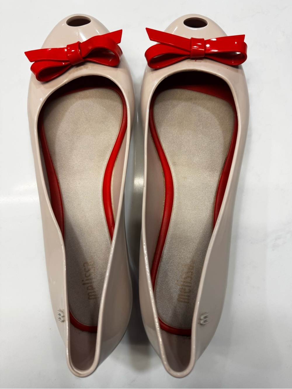 Mini Melissa Nude Patent Ballet Flats with Red Bow Trim
